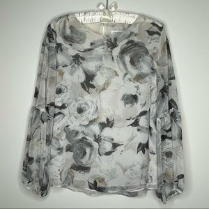 Calvin Klein Gray Floral Sheer Blouson Sleeve Blouse S